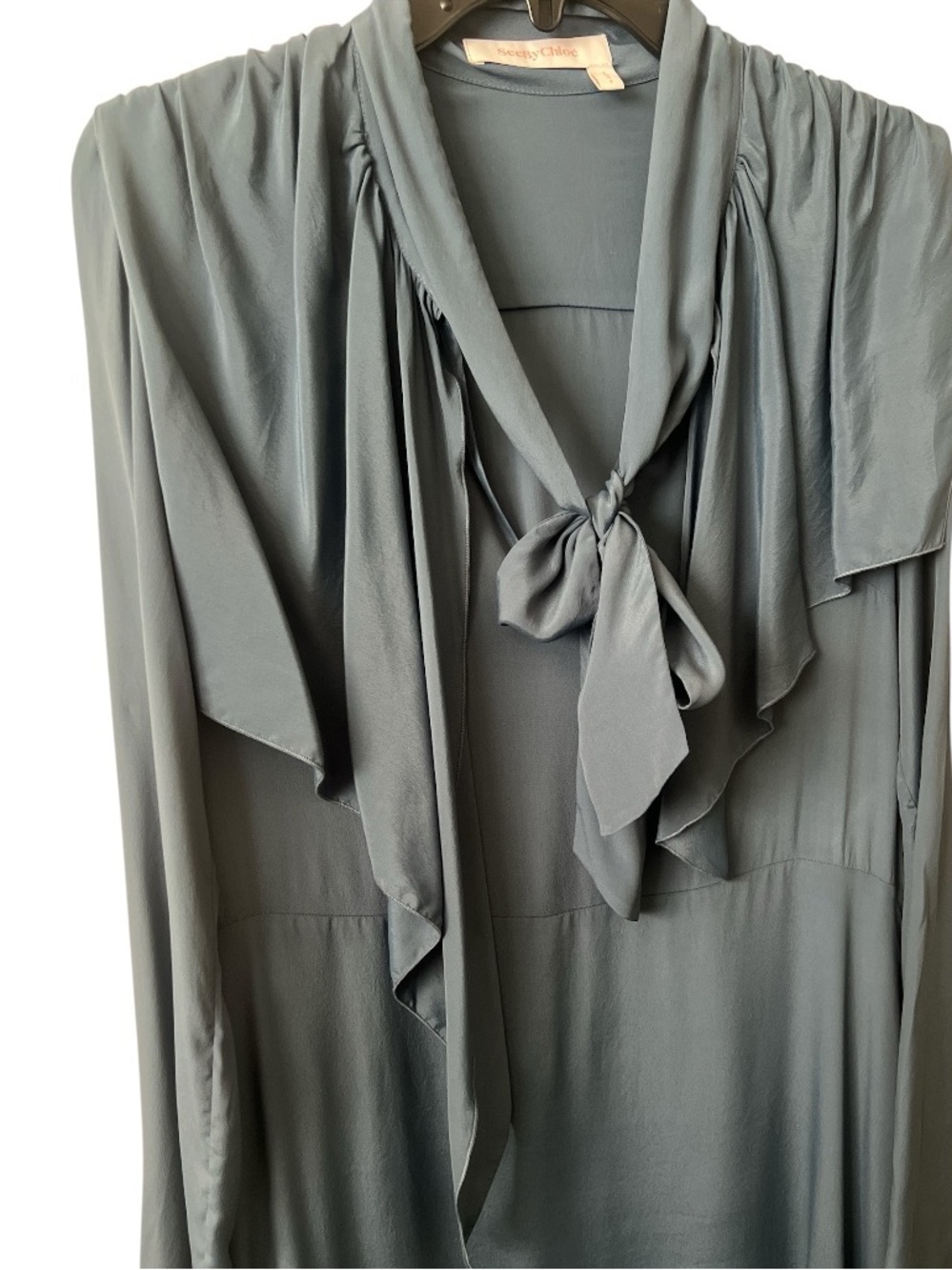 See By Chloé Silk Blend Tie Neck Ruffle Dress Mirage Blue US 8 | EU 40 - Picture 3 of 12